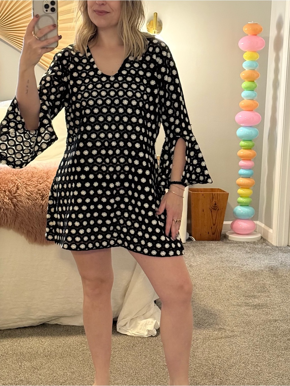 Black and White Floral Bell-Sleeve Mini Dress